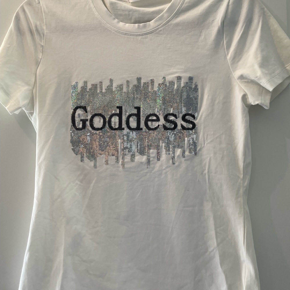 Maybe Wang White tee with 'Goddess' Sequin Design